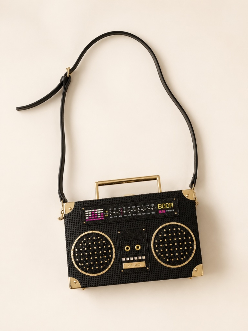 ALDO Kuzitrin BoomBox Radio Black Glitter Gold Crossbody Novelty Bag
